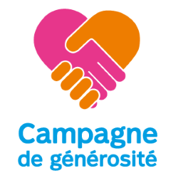 Image représentant le logio de la Campagne de générosité STM, soit deux mains, une de couleur rose fushia et l'autre orange, qui se serrent pour crérer un coeur.