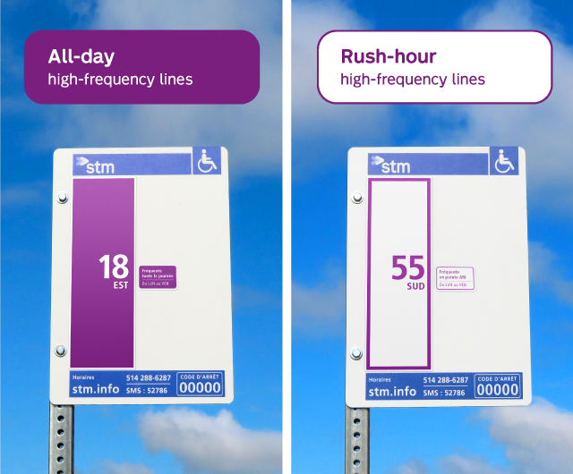Purple color on bus stop signs to identify all-day high-frequency lines, and white color with purple outline to identify rush-hour high-frequency lines