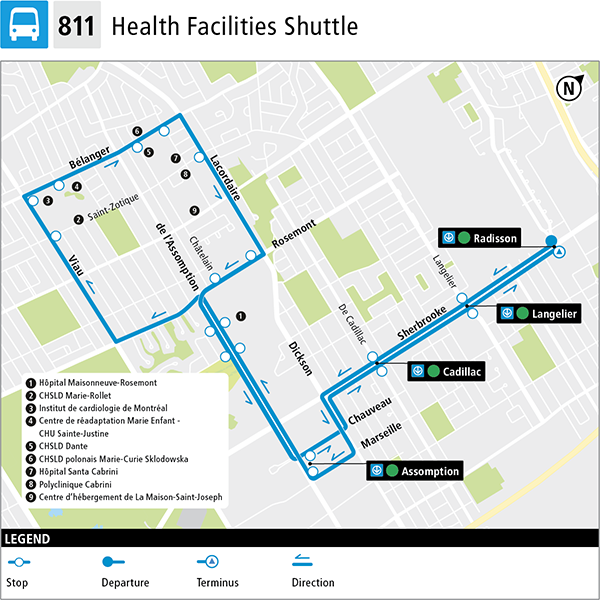 Line 811 route. Starts at Radisson, then stops at Cadillac, Langelier and Assomption. Assomption northbound, then left on Rosemont, right on Viau, right on Bélanger, right on Lacordaire, right on Rosemont, back on Assomption and ends at Radisson.