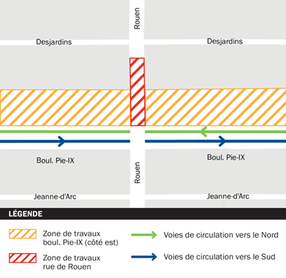 Plan de circulation avec zone de chantier entre Desjardins et Pie-IX.