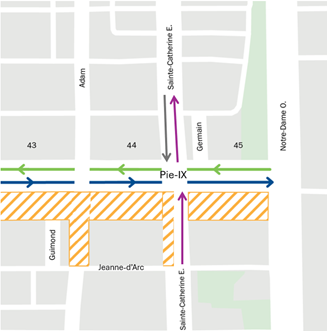 Carte illustrant la fermeture de la rue Sainte-Catherine en direction Ouest.
