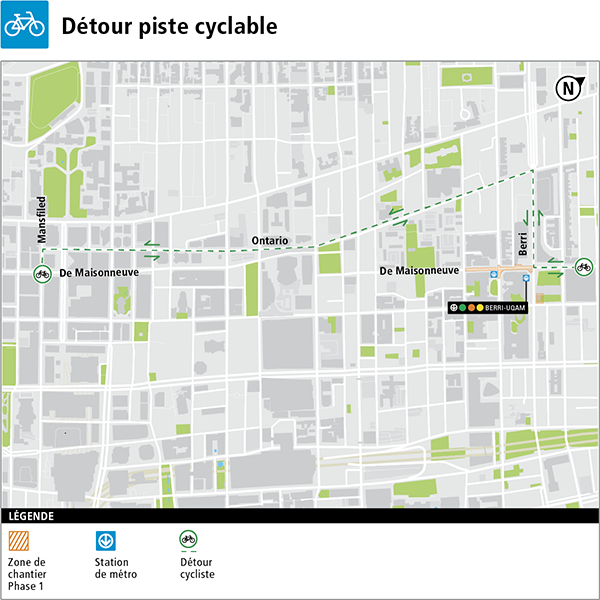 La piste cyclable située sur le boulevard De Maisonneuve Est sera déviée sur la rue Ontario pendant les travaux, via la rue Berri. Une nouvelle piste cyclable bidirectionnelle balisée a été aménagée afin de relier le détour au réseau existant. 
