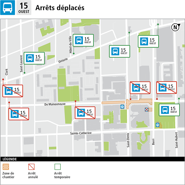 Carte des arrêts déplacés pour la ligne 15.