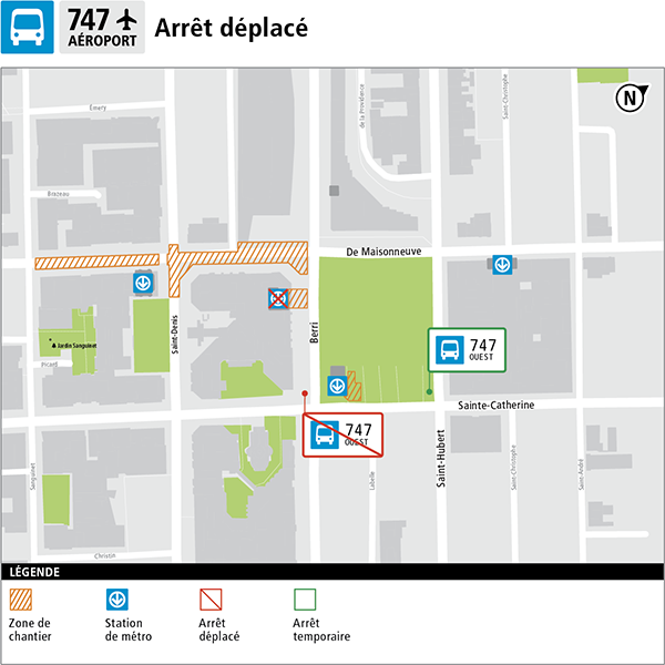 Carte des arrêts déplacés pour la ligne 747.
