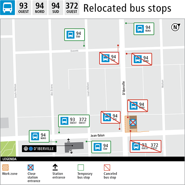 Map of the relocated bus stops around D'Iberville metro station.