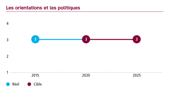Graphique Les orientations et les politiques, niveau de maturité à 3 en 2015, cible de 3 en 2020 et de 3 en 2025.