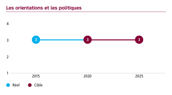 Graphique Les orientations et les politiques, niveau de maturité à 3 en 2015, cible de 3 en 2020 et de 3 en 2025.