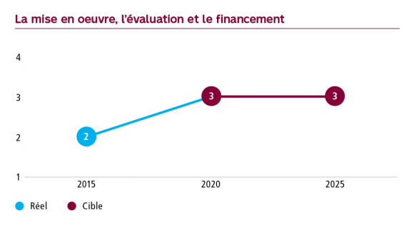 Graphique La mise en œuvre, l’évaluation et le financement, niveau de maturité à 2 en 2015, cible de 3 en 2020 et de 3 en 2025.