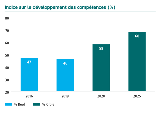 Graphique Indice sur le développement des compétences en pourcentage. En 2016 47, en 2019 46, la cible pour 2020 est de 58 et pour 2025 de 68.