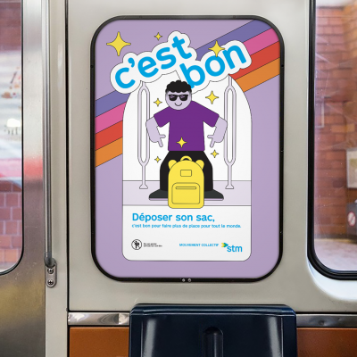 Visuel de la campagne sur les bons comportement. Texte : Déposer son sac à ses pieds, c'est bon pour faire plus de place pour tout le monde.