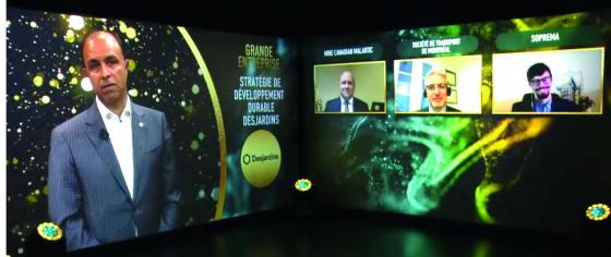 Capture d'écran du gala des Mercuriades montrant les finalistes dans la catégorie Grandes entreprises-Stratégie de développement durable Desjardins, inculant la STM.