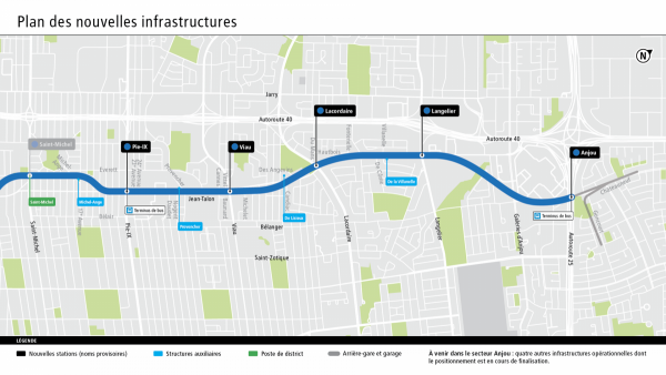 Carte du plan des nouvelles infrastructures de la ligne bleue montrant la projection des 5 stations.