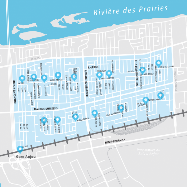 Area covered by the Gare Anjou - Secteur résidentiel Rivière-des-Prairies shared taxibus service.