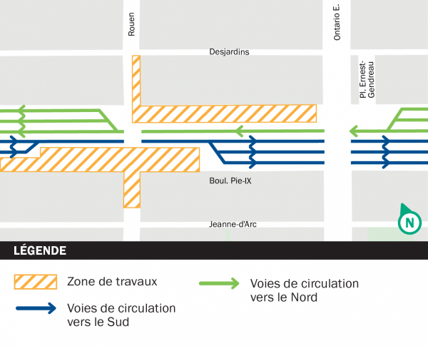 Zones de travaux entre les rues Sainte-Catherine et De Rouen.