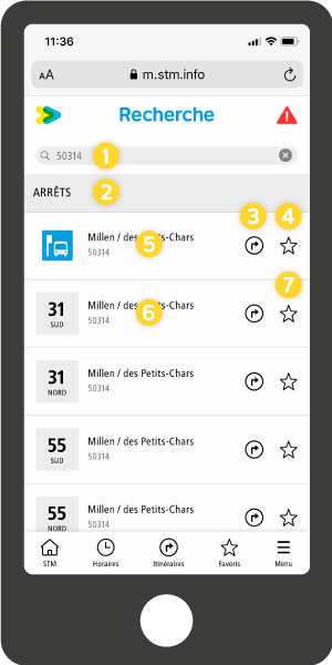 Écran recherche par code d'arrêt